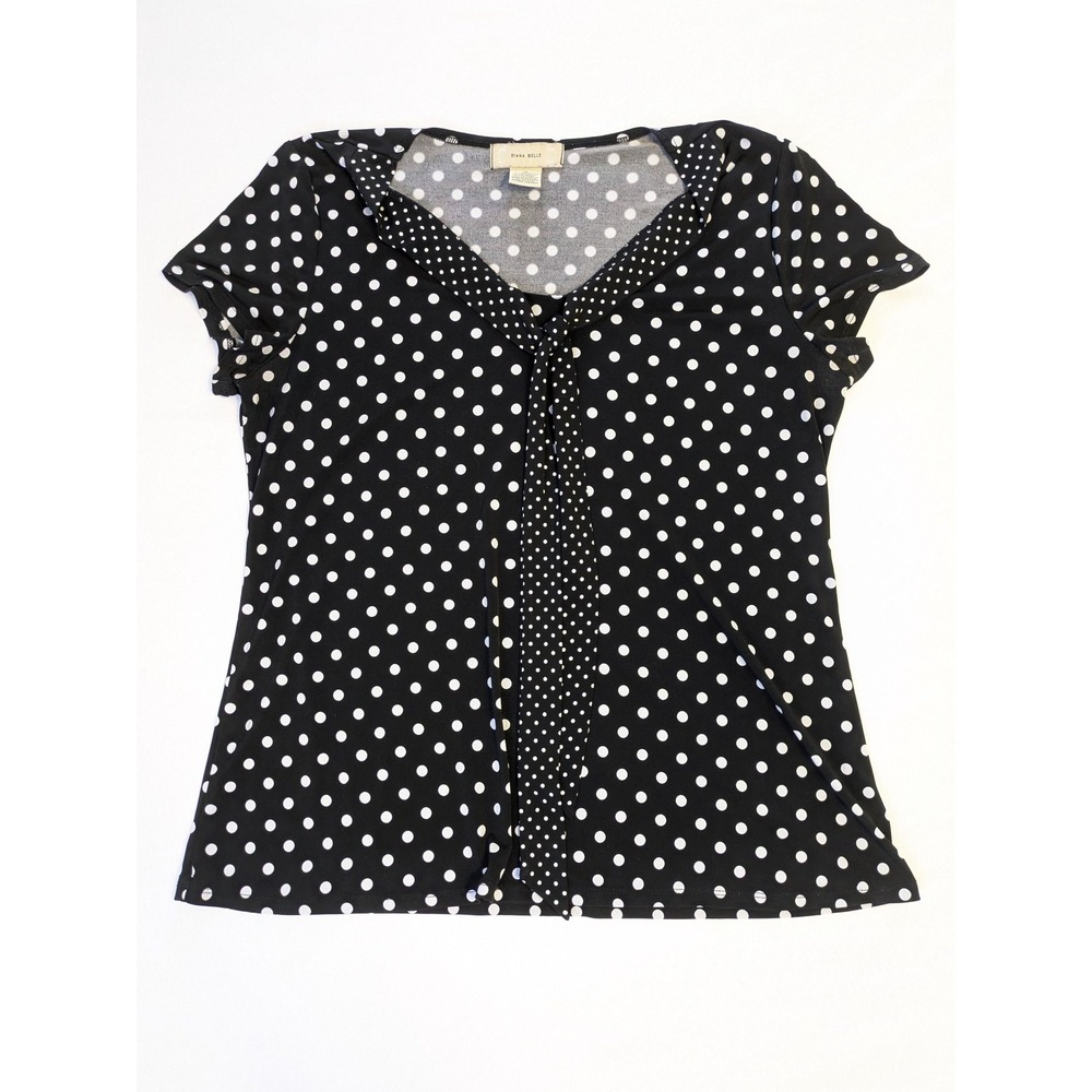 Diana Belle Polka Dot Blouse - Women's M - Tie Neck Short Sleeve Black White Top